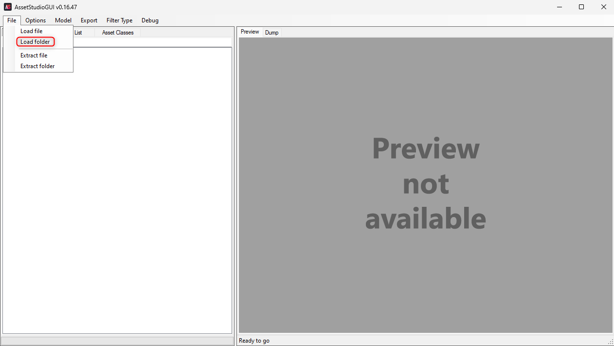 Figure 7: Depicts the " Load Folder " option within AssetStudioGUI