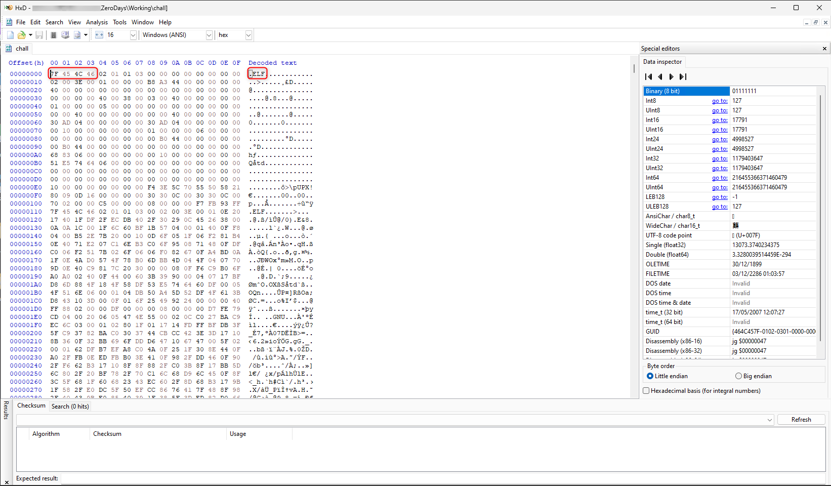 Figure 2: Illustrates ELF bytes observed in HxD