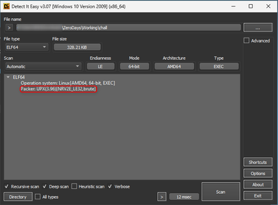 Figure 3: Displays Detect-It-Easy indicating that the binary is packed with UPX