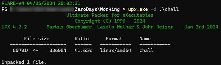 Figure 4: Demonstrates the utilization of the UPX unpack command to generate the resulting unpacked binary
