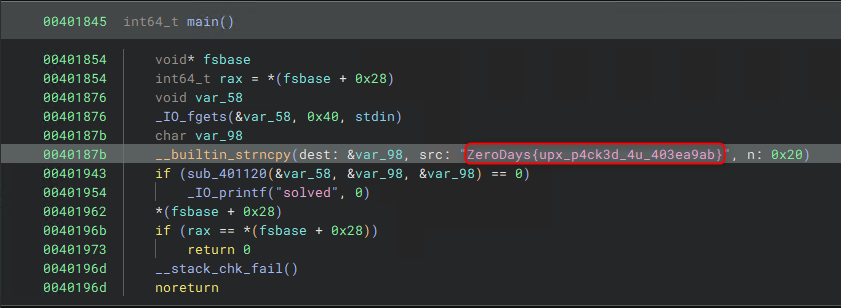 Figure 6: Illustrates the main function of the file in Binary Ninja , highlighting the flag string