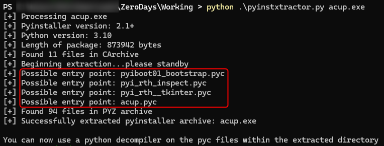 Figure 3: Output of pyinstxtractor.py displaying potential entry points