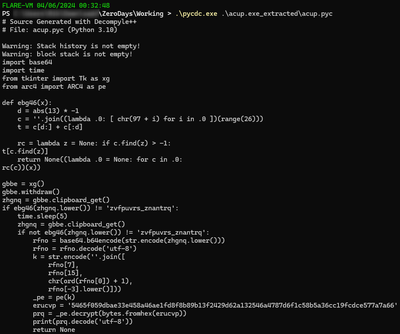 Figure 7: Illustrates the decompilation output of the ‘ acup.pyc ’ file using pycdc.exe