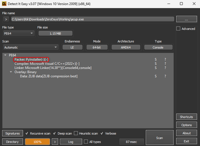 Figure 2: Analysis with Detect-It-Easy reveals the utilization of PyInstaller