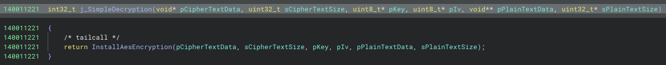 Figure 13: Displays the function prototype of the function wrapped by the j_SimpleDecryption() function