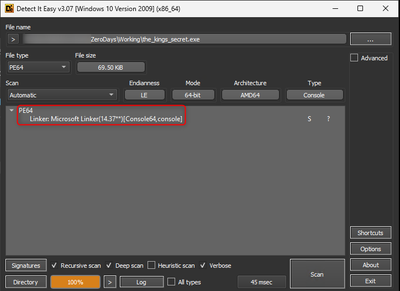 Figure 3: Depicts the analysis of the executable file using Detect-It-Easy