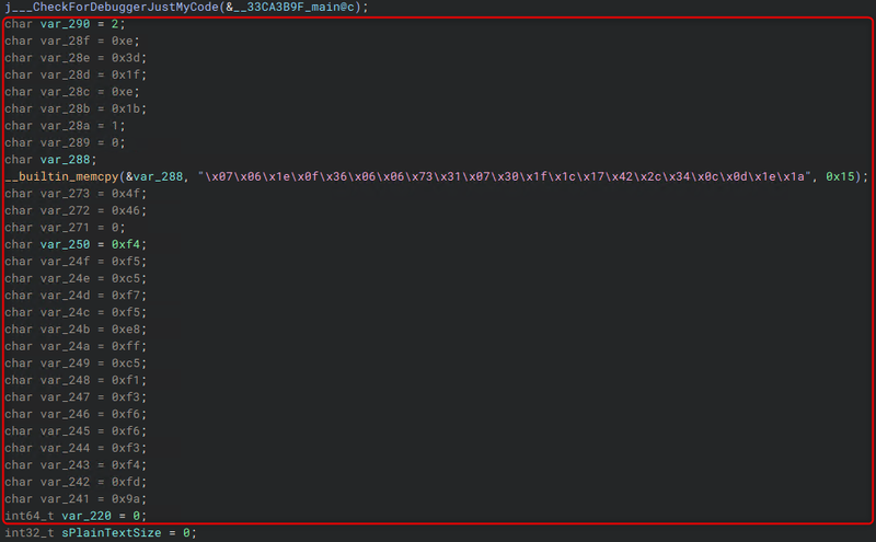 Figure 4: Illustrates the initial variable declarations observed in the main() function