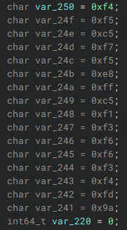 Figure 8: Displays the var_250 array as depicted in the decompiled code