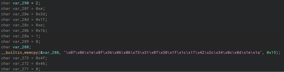 Figure 10: Displays the var_290 array as depicted in the decompiled code