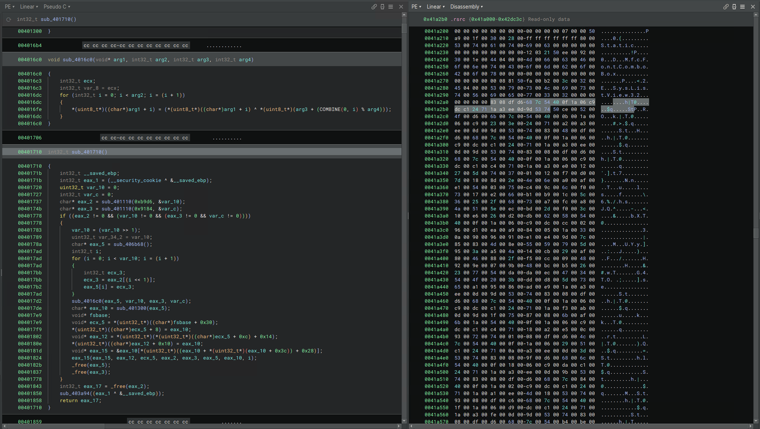 Figure 16: On the left, the decryption function is highlighted, while on the right, the XOR key is highlighted