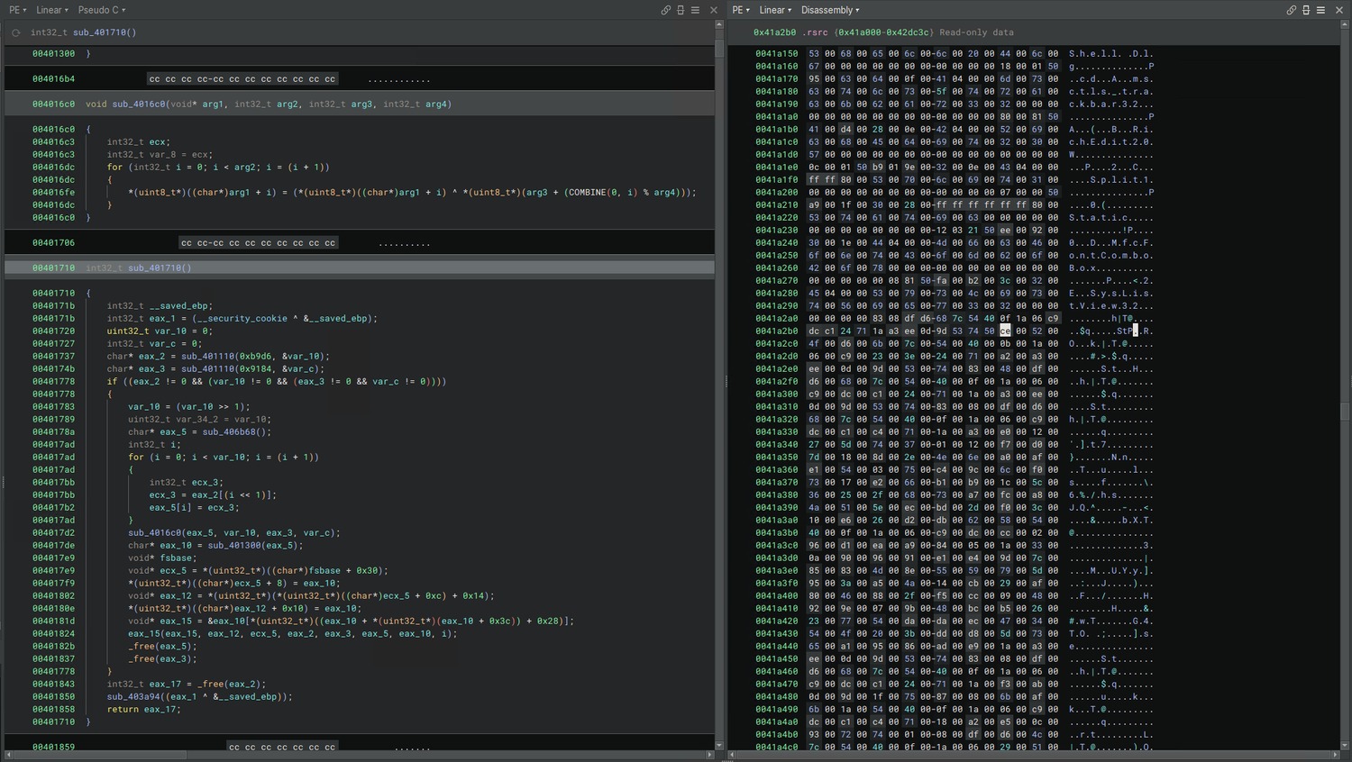 Figure 17: On the left, the decryption function is highlighted, while on the right, the starting point of the encrypted data is highlighted