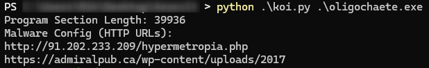 Figure 18: Demonstrates the execution of the Python script against the sample, resulting in the dumping of a clean PE file along with the printed URLs found within this file