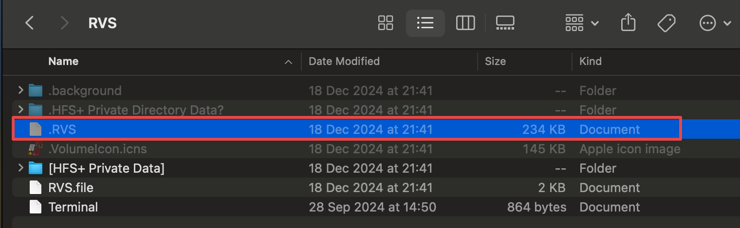 Figure 6: Displays the contents of the RVS folder, including the hidden .RVS file