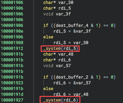 Figure 10: Depicts the invocation of two _system commands in the decompiled code