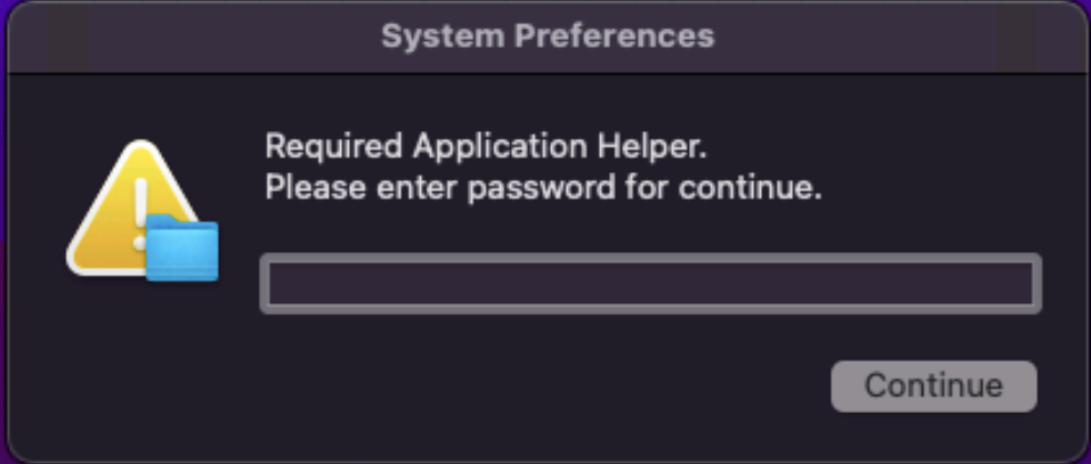 Figure 11: Depicts the malware prompting the user to enter their password, masquerading as a System Preferences request
