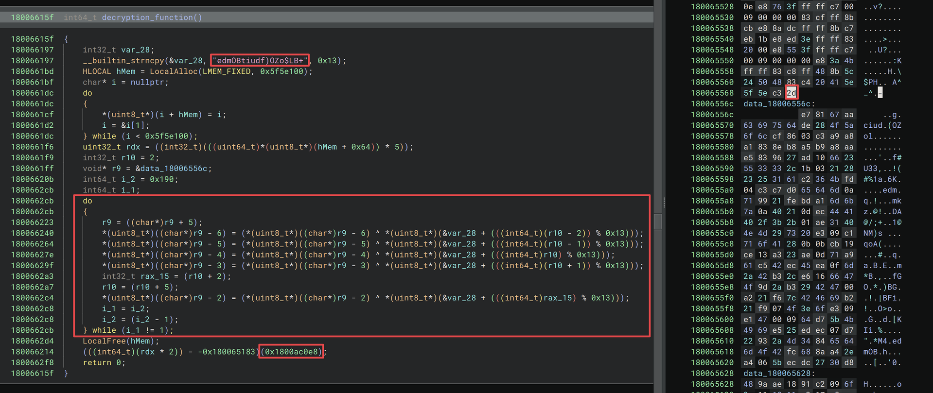 Figure 17: Displays the listing of the decryption_function , with the important aspects of the function highlighted