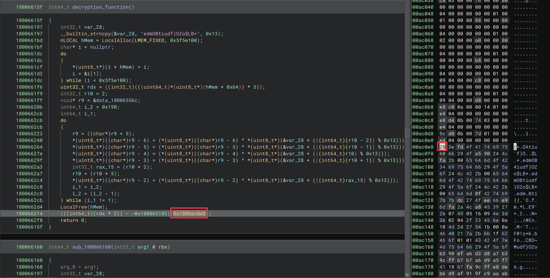Figure 19: Displays the .rsrc section on the right, highlighting the first byte pointed by the argument, with the argument itself highlighted on the left