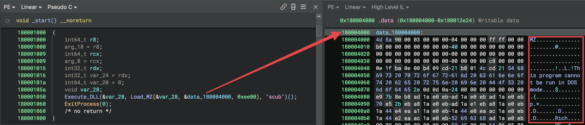 Figure 23: Depicts the PE file present in the data section referenced in the function call