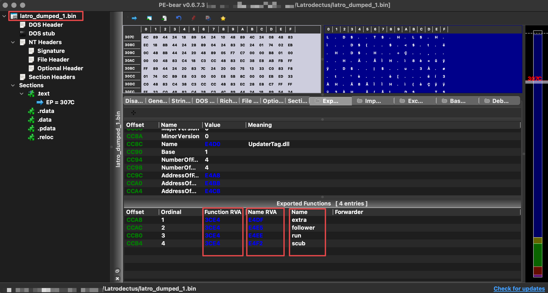 Figure 26: Displays the different export function names sharing the same function RVA in PE-Bear