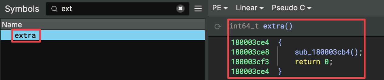 Figure 27: Illustrates Binary Ninja's listing of the " extra " function