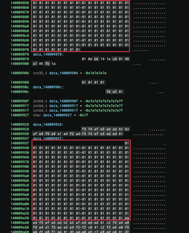 Figure 12: Depicts the repeating 0x81 pattern observed in the Teams3.exe binary