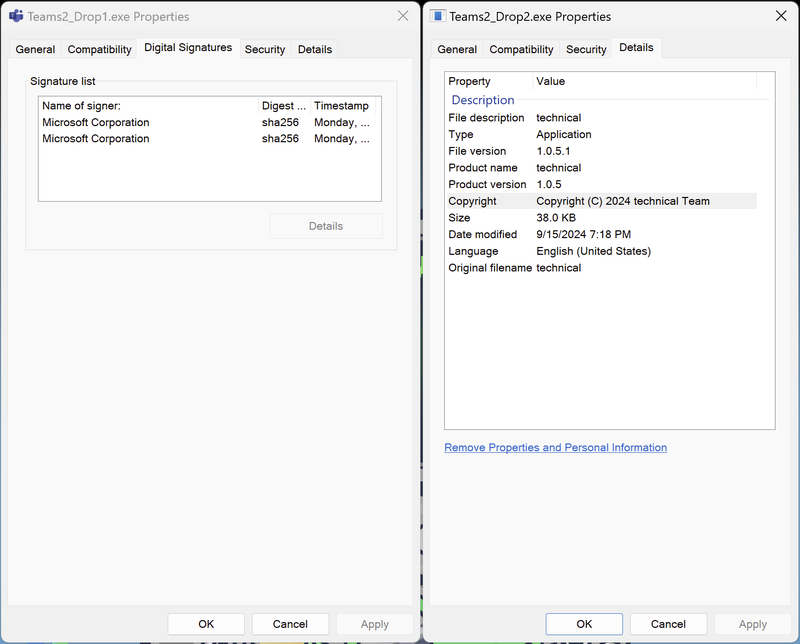 Figure 15: Displays the Microsoft-signed Teams binary on the left and the unsigned backdoor binary details on the right