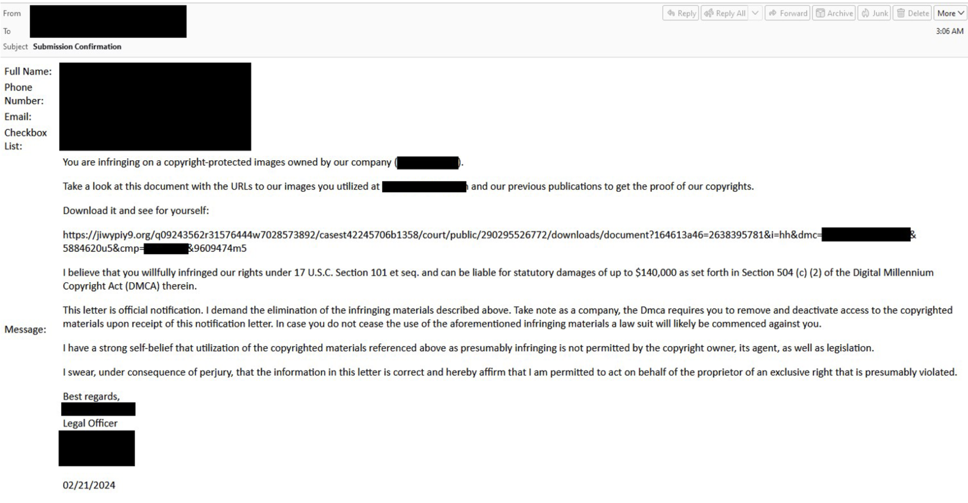Figure 2: An example of an email originating from a contact form, featuring a legal threat and a link to the malicious URL, as illustrated in Proofpoint's blog